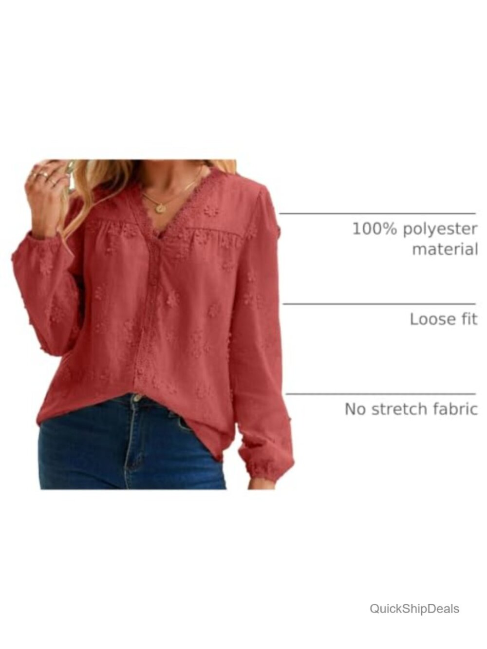 Women's 3D Floral Embroidered Blouse V Neck Button Lace Long Sleeve Boho Top - Picture 3 of 6